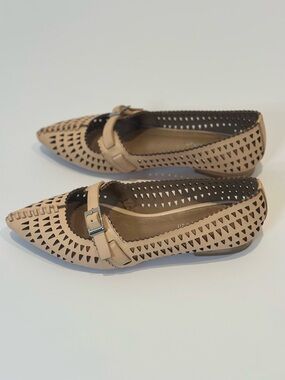 Women's Pointed Perforated Buckle Flats in light pink (photos read more beige)